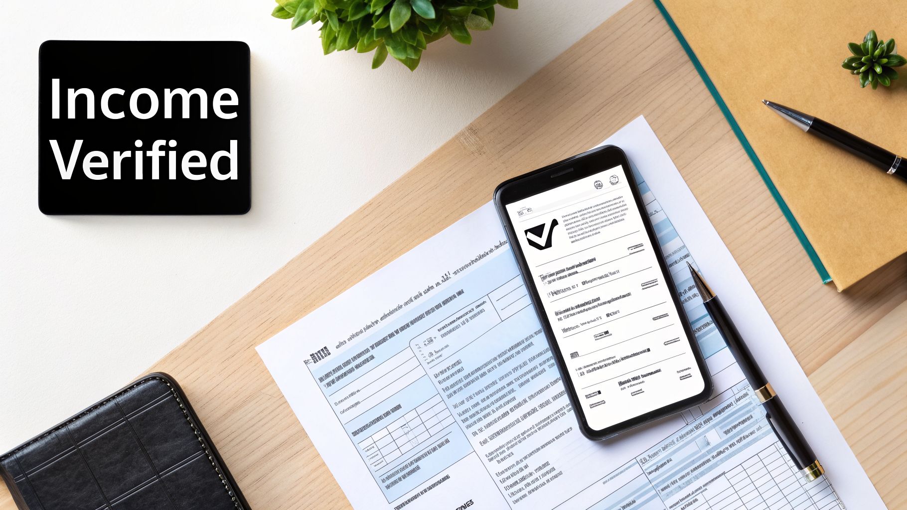A flat lay of a desk with an 'Income Verified' sign, tax forms, a smartphone, and a pen.
