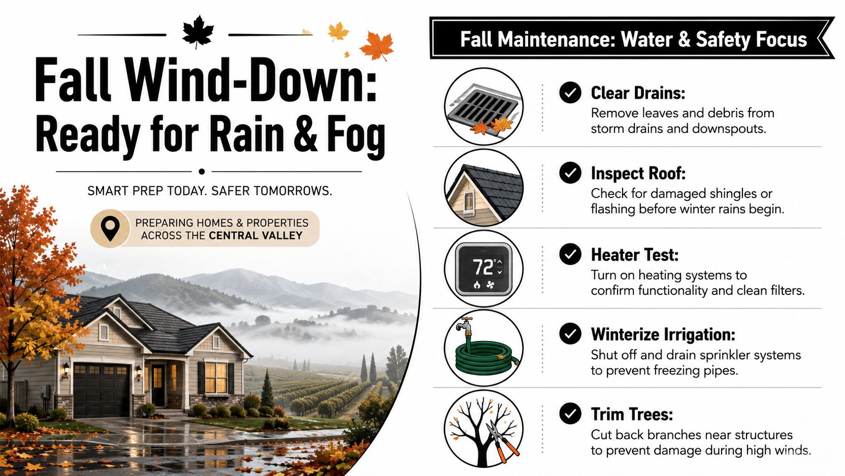 An infographic titled Fall Wind-Down listing five essential home maintenance tasks for preparing properties for winter weather.
