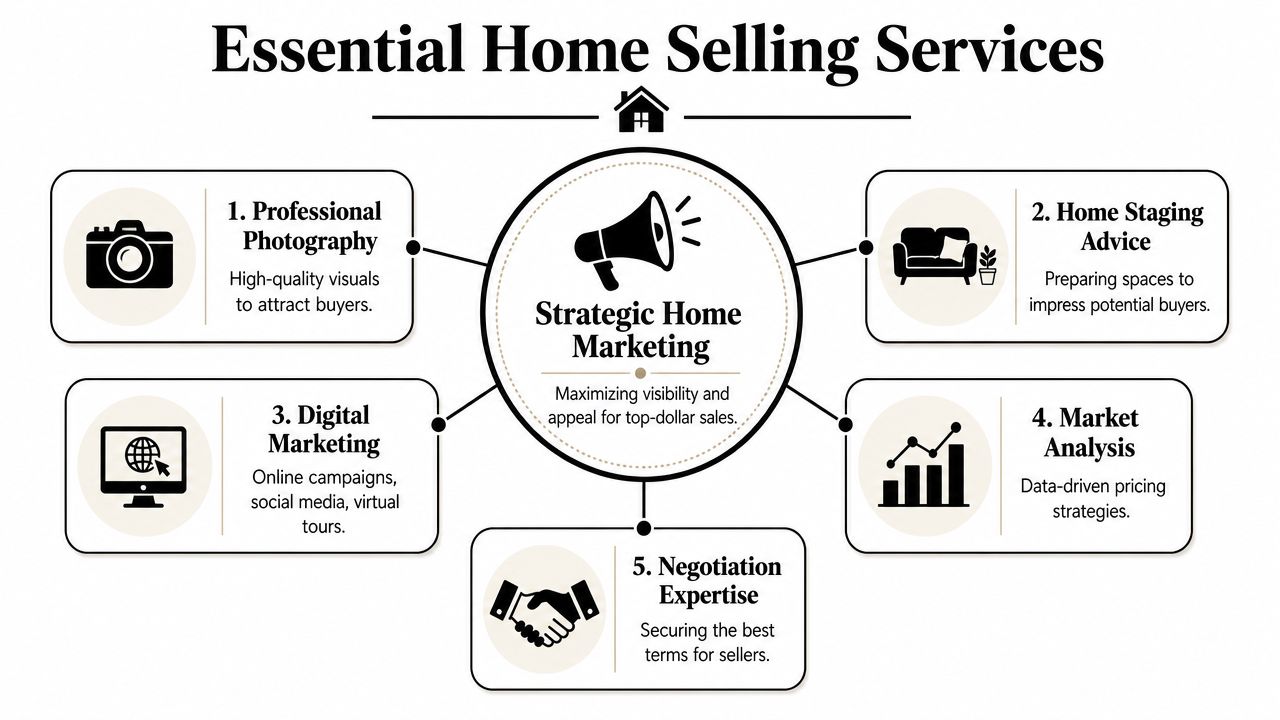 A diagram outlining five essential services for selling a home, highlighting marketing and professional advice strategies.