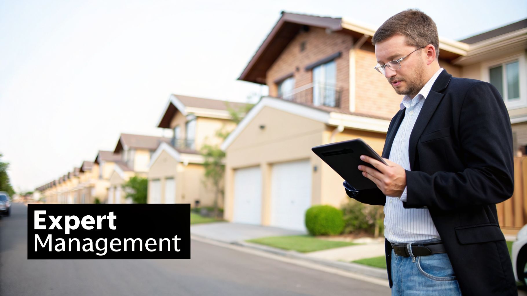 A professional man with glasses uses a tablet in front of residential houses, displaying 'Expert Management'.