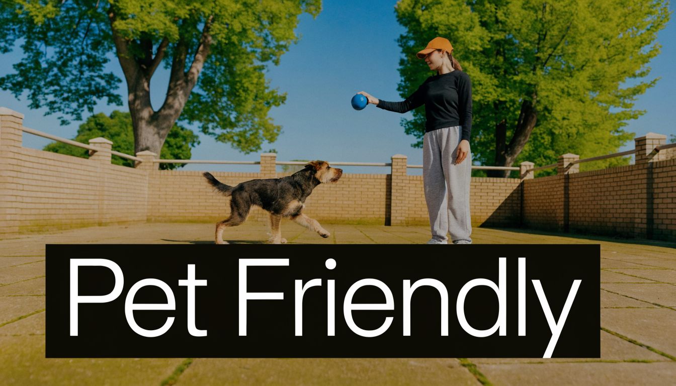 A young woman playing with her dog in a sunny outdoor courtyard at a pet friendly apartment complex.