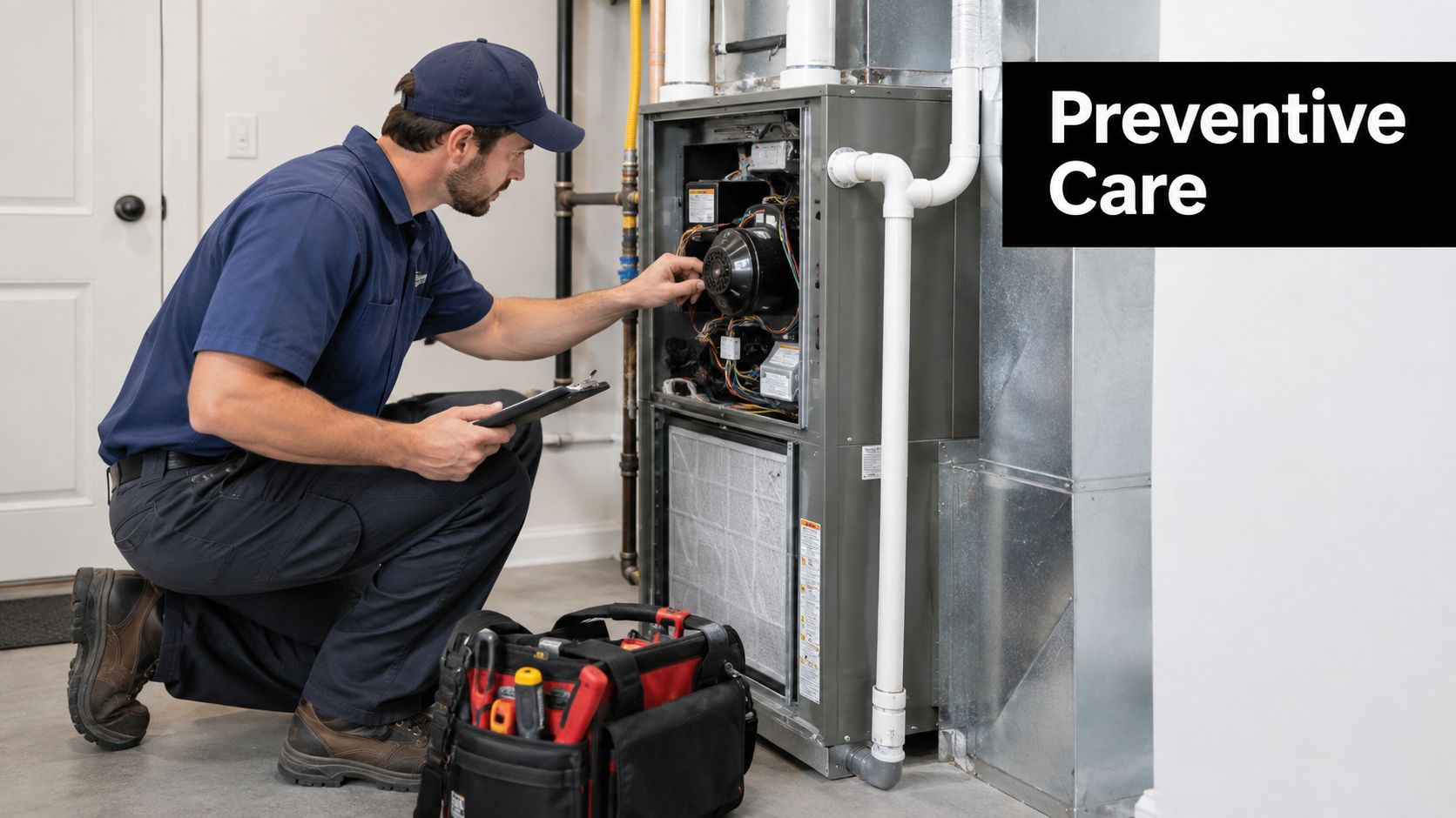 A professional technician performing preventive maintenance on a home heating and cooling furnace system.