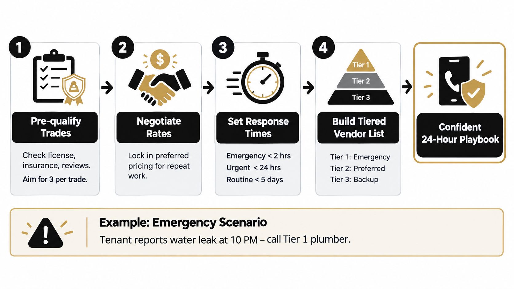 A four-step guide for property management maintenance featuring vendor qualification, rate negotiation, response times, and tiered lists.