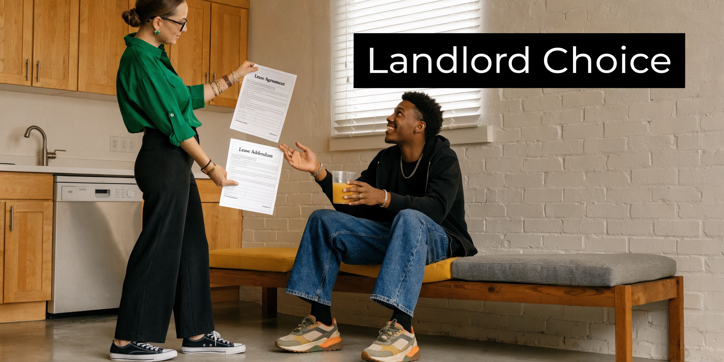 A woman in a green shirt hands a lease agreement document to a seated man.