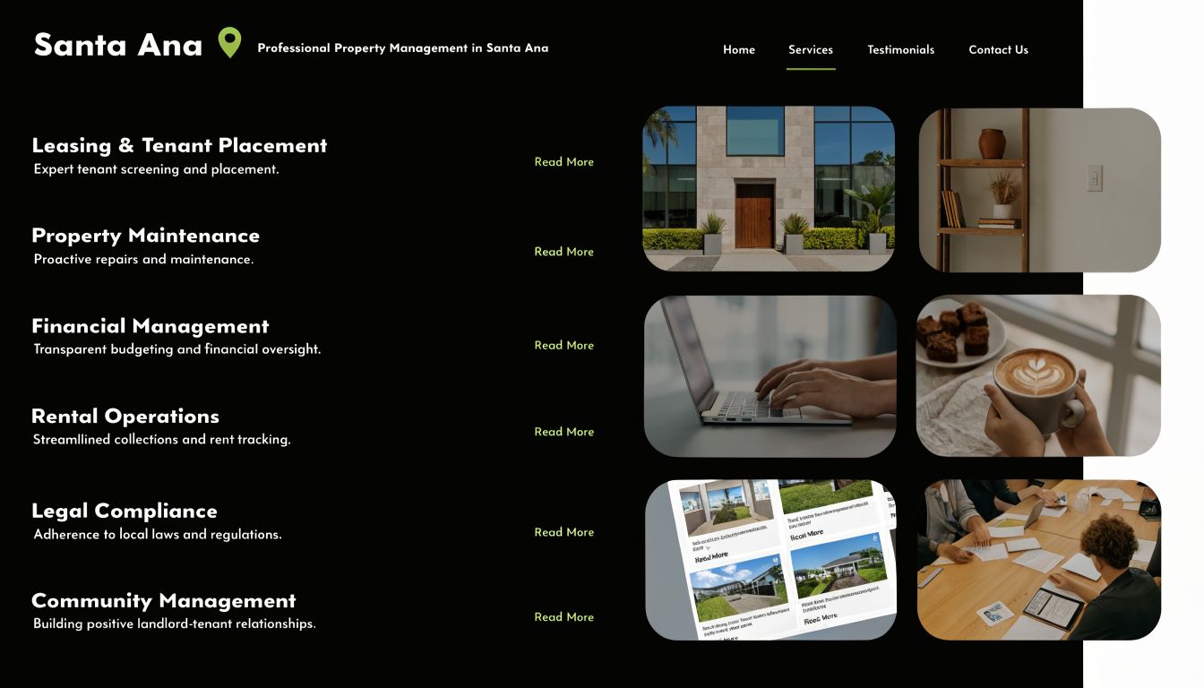 A service page for professional property management in Santa Ana showcasing key services with corresponding visual imagery.