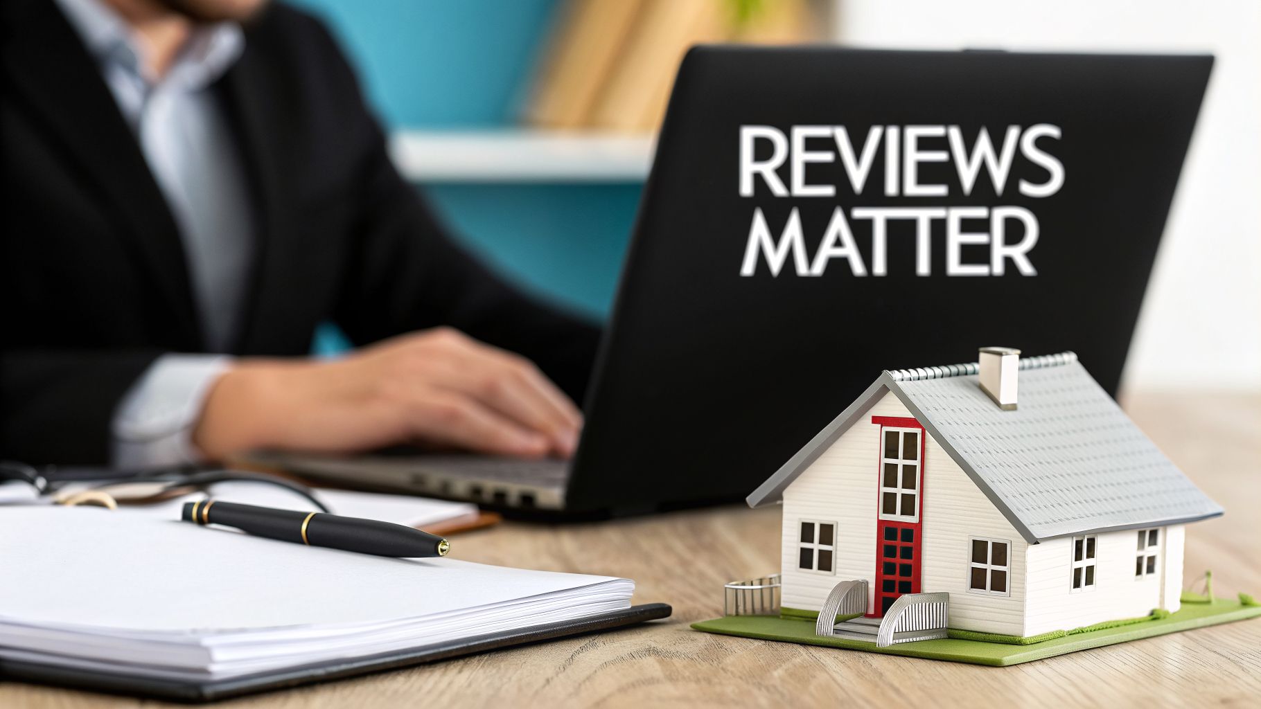 A person types on a laptop displaying 'REVIEWS MATTER' next to a miniature house model, notebook, and pen.