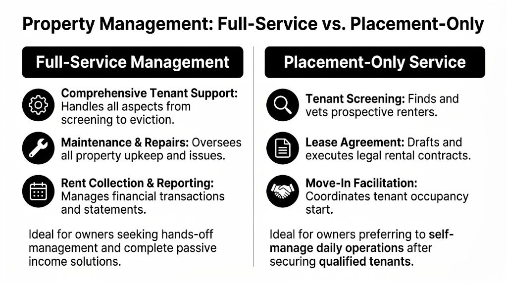 A comparison chart outlining the key differences between full-service property management and placement-only rental services.