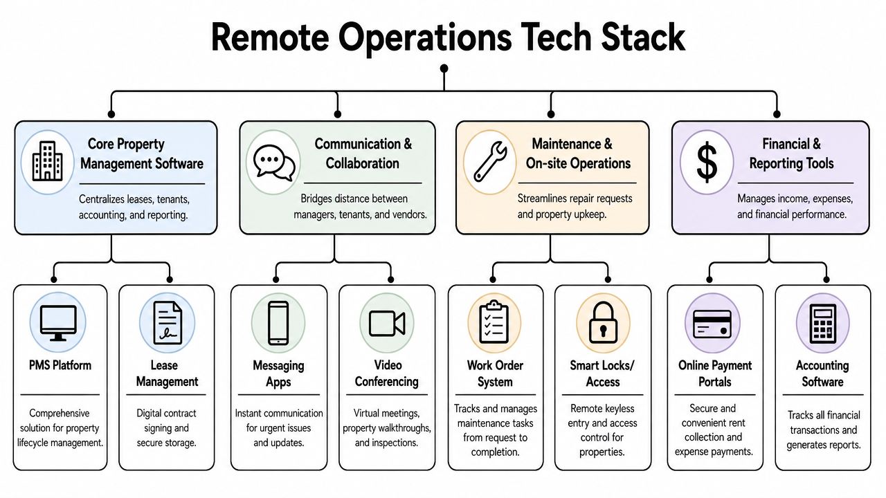 A diagram illustrating a remote property management tech stack, showcasing essential software categories for operations and communication.