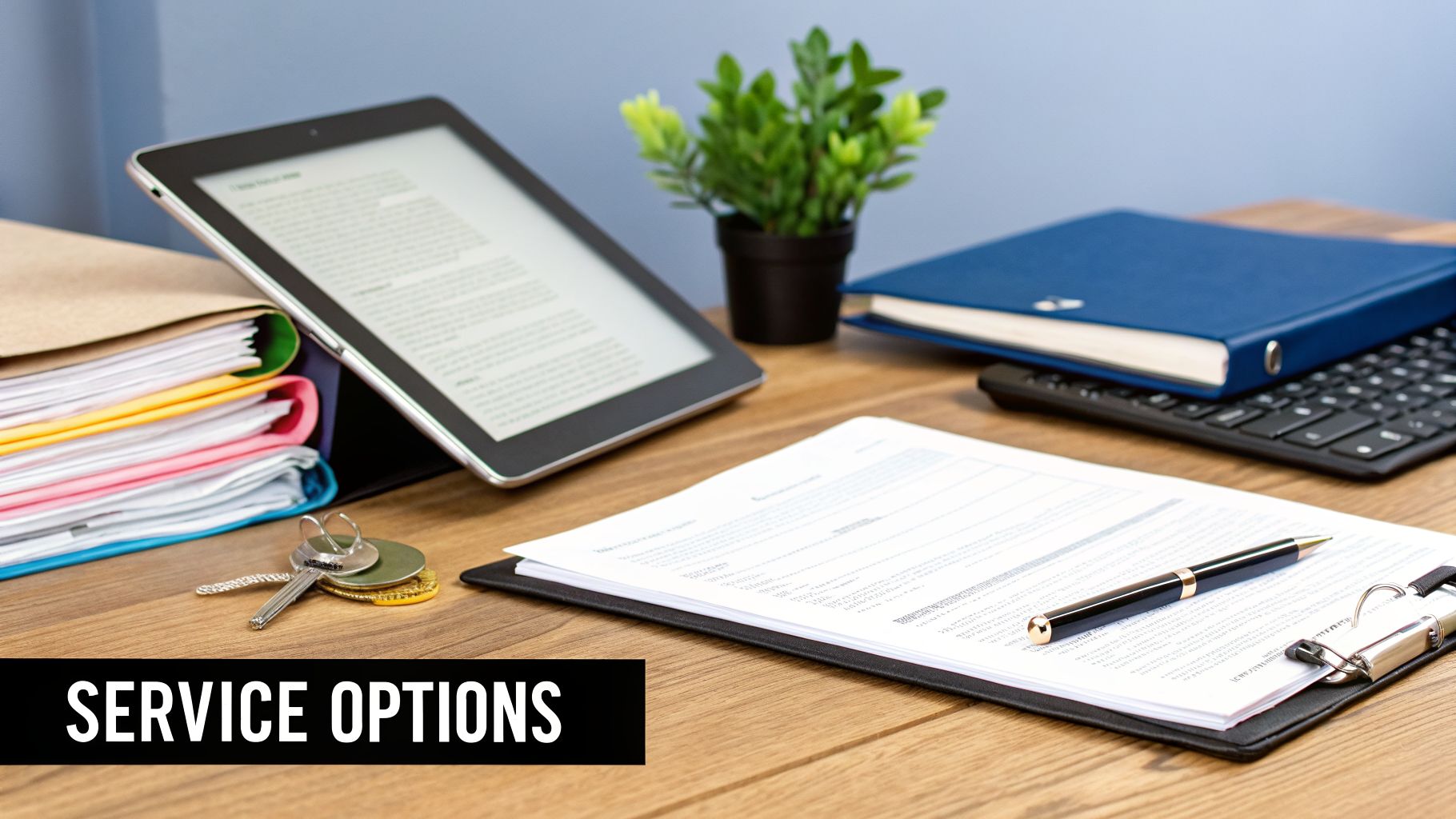 A wooden desk featuring stacked folders, a tablet, a plant, a blue notebook, a keyboard, documents, a pen, and keys, representing a functional workspace.