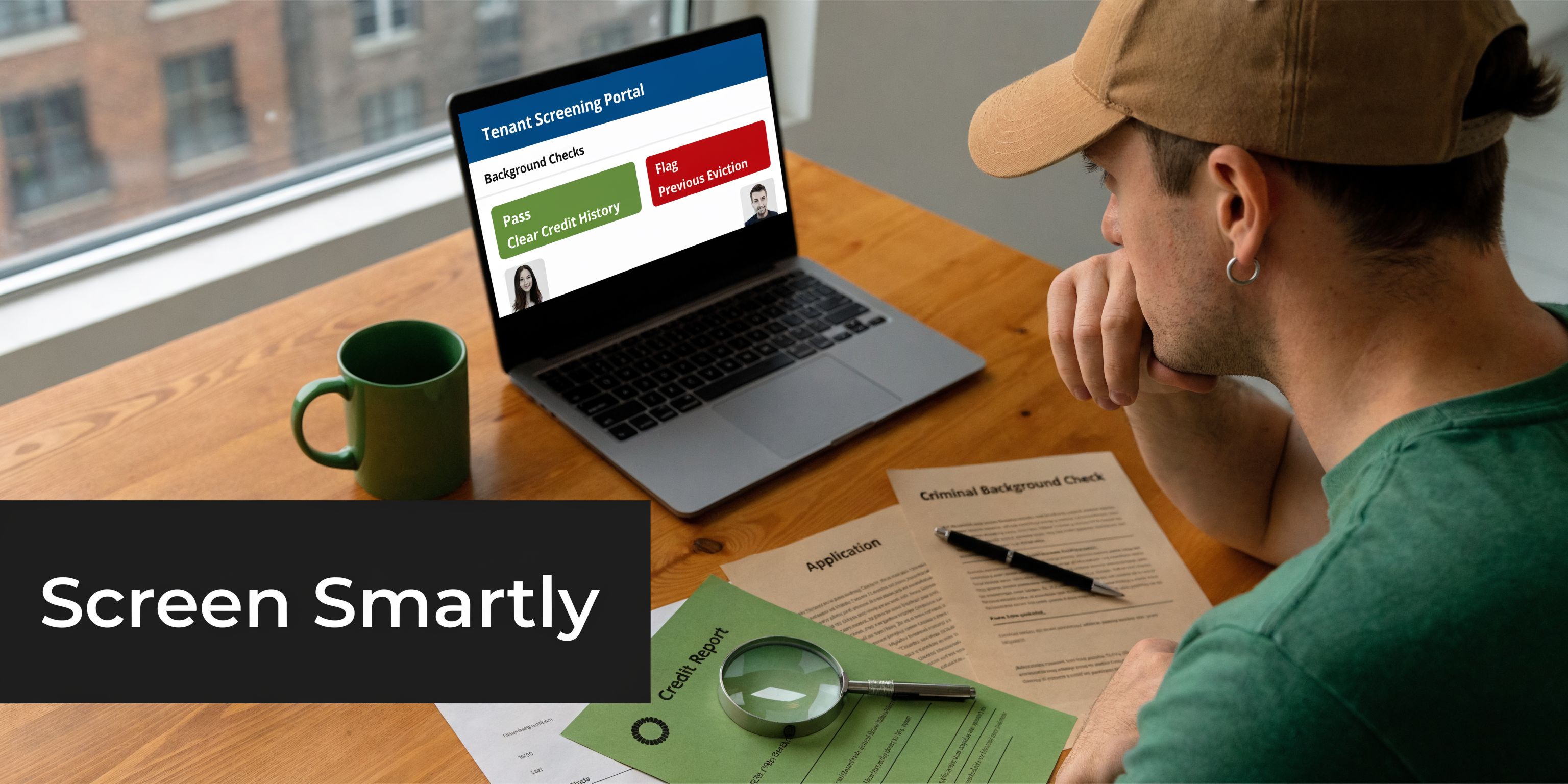 A property manager reviewing tenant background checks on a laptop screen with printed application documents on desk.