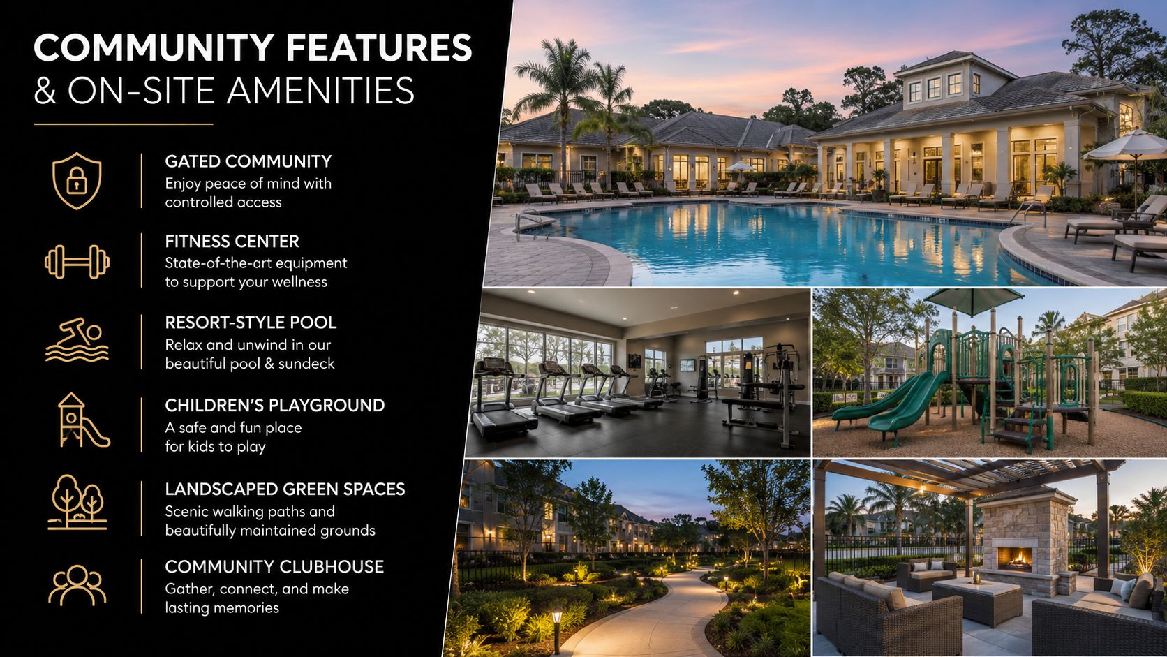 A digital flyer showing community amenities like a swimming pool, fitness center, playground, and clubhouse.