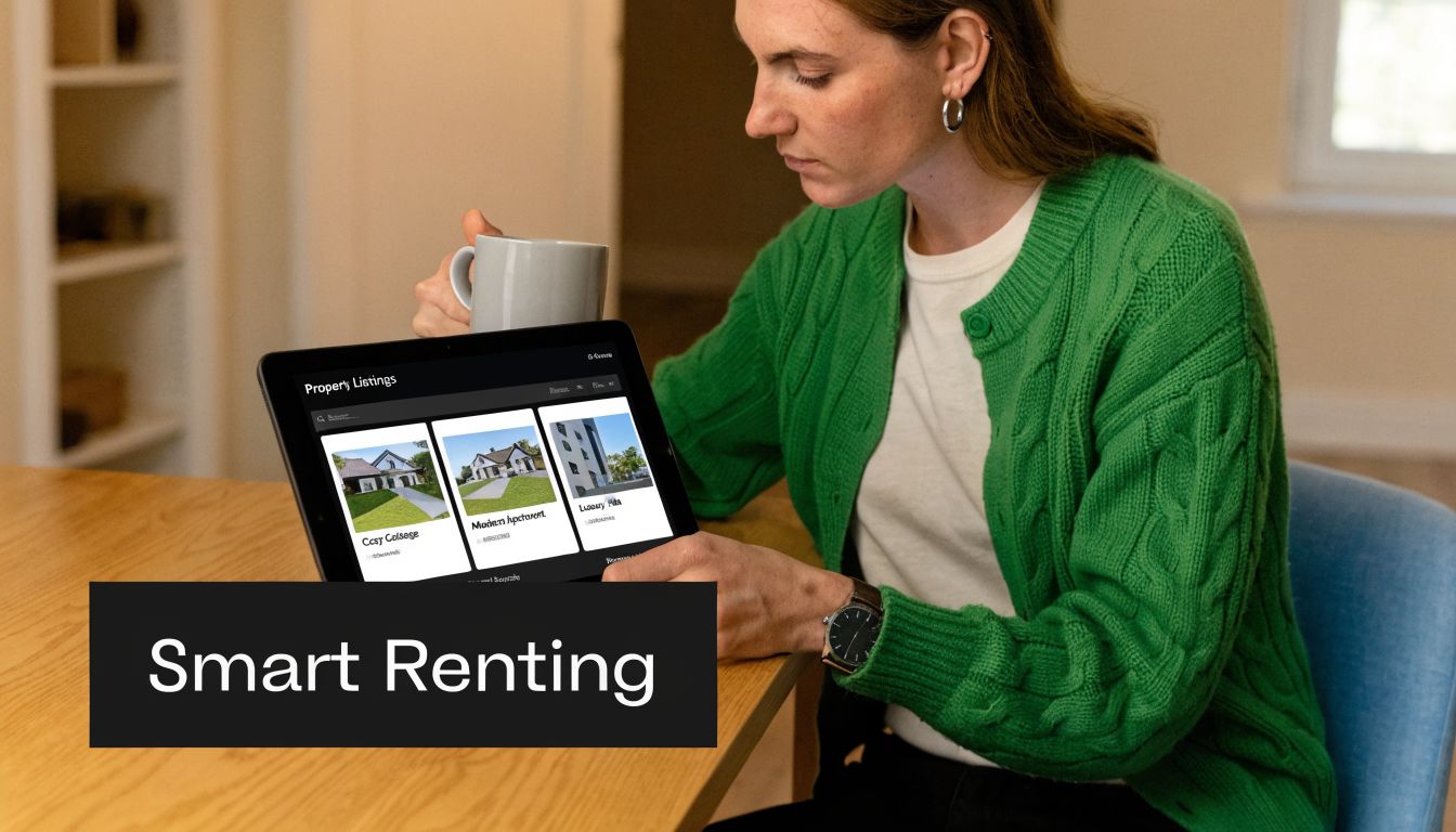 A woman in a green cardigan looking at property listings on a tablet while drinking coffee.