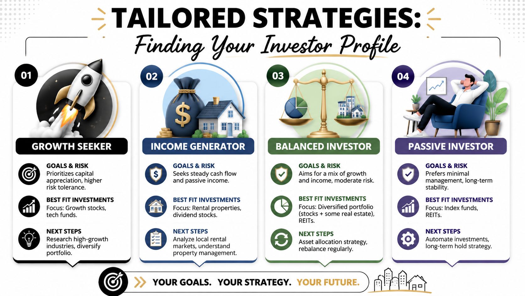 An infographic showing four investor profiles: Growth Seeker, Income Generator, Balanced Investor, and Passive Investor for investment strategies.