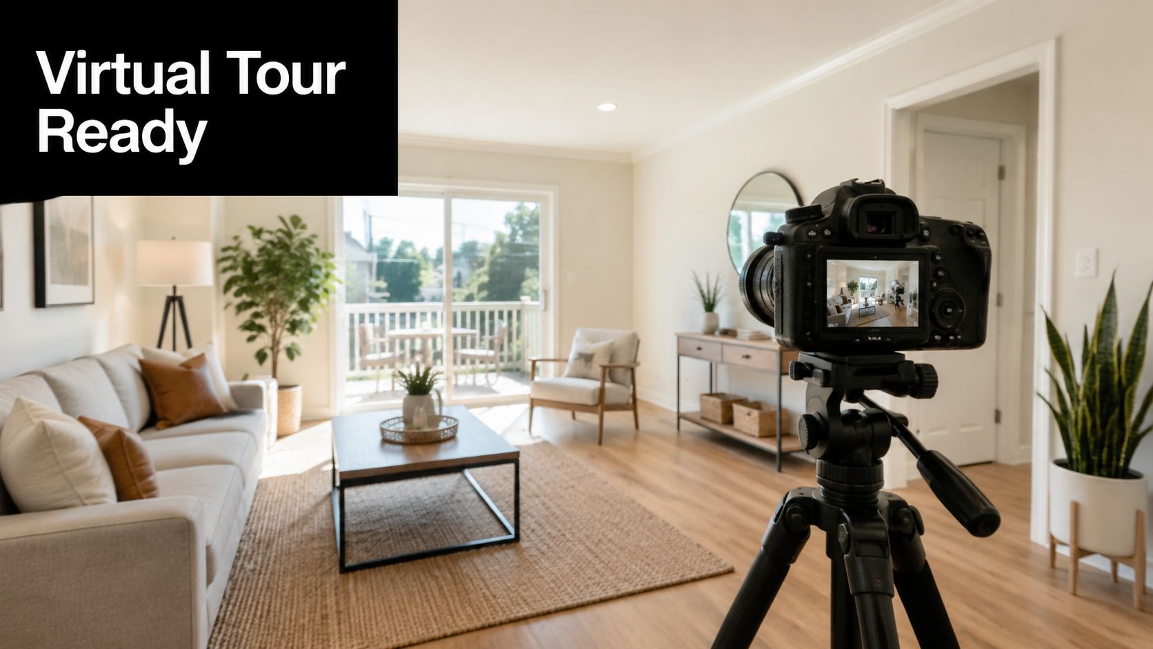 A professional camera on a tripod capturing a video tour of a modern staged living room.