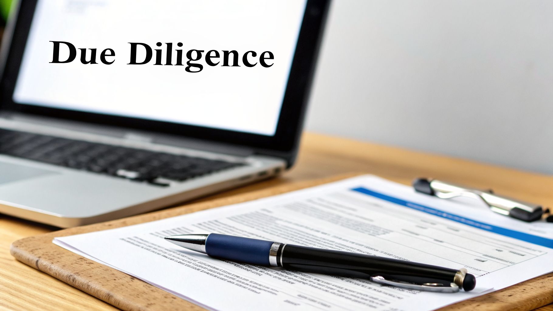 A laptop displaying 'Due Diligence' on screen, with a pen and papers on a clipboard, indicating business review.