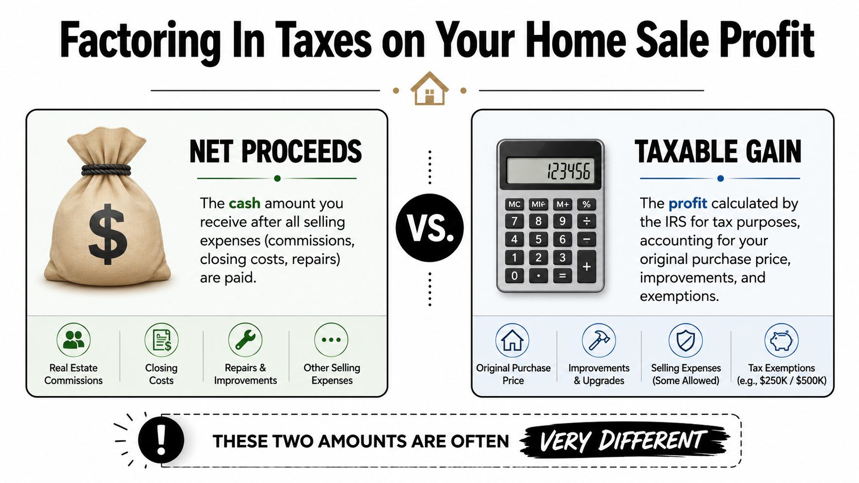 An infographic illustrating the difference between net proceeds and taxable gain for a home sale.