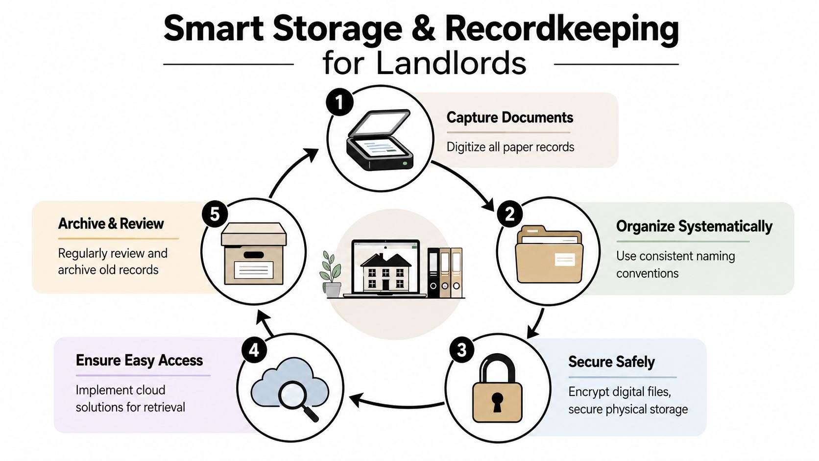 A diagram outlining a five-step process for smart storage and recordkeeping for landlords.