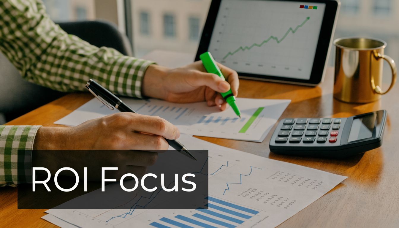 A professional analyzing financial data with charts and a calculator on a wooden office desk.