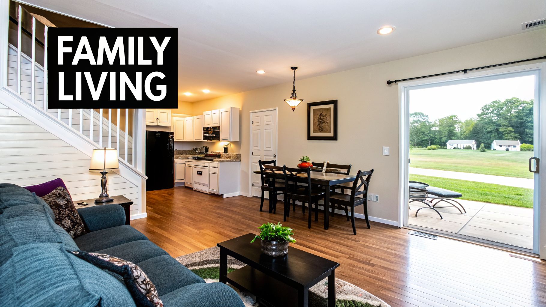 Open-concept home interior featuring a living room, dining area, kitchen, and staircase leading to an outdoor patio.