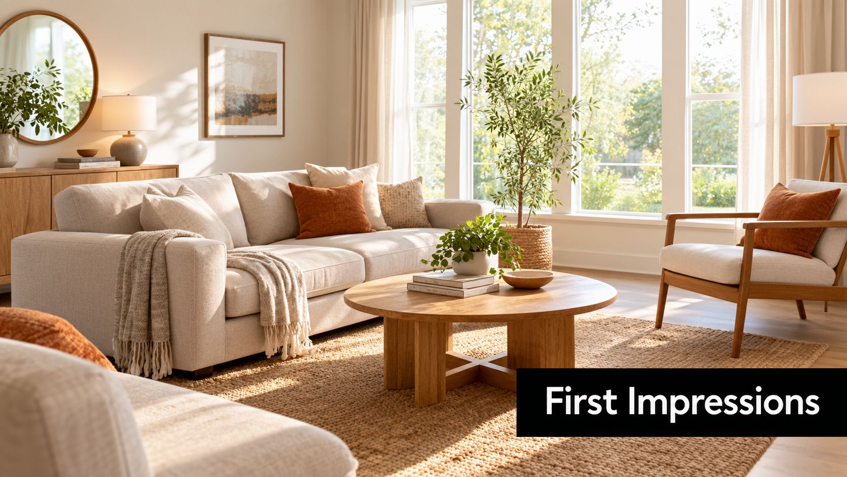 A modern, bright living room featuring a comfortable sofa, a round wooden coffee table, and large windows.
