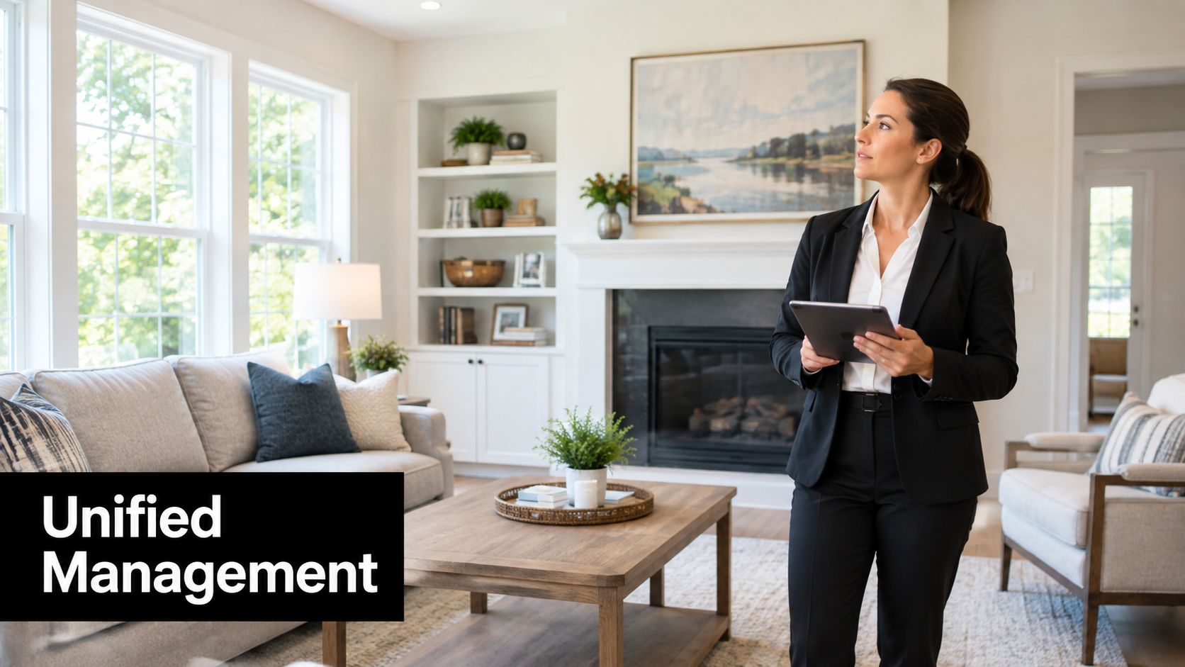 A professional female real estate agent standing in a modern living room while holding a digital tablet.