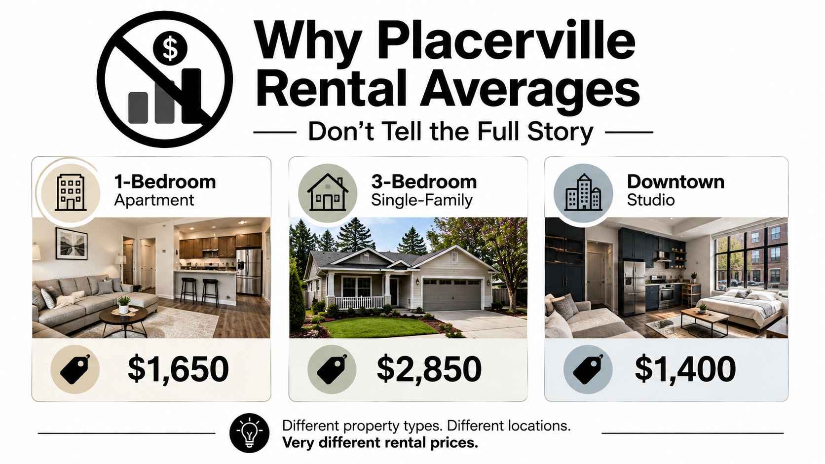 A comparative infographic showing varying rental prices for different property types and locations in Placerville.