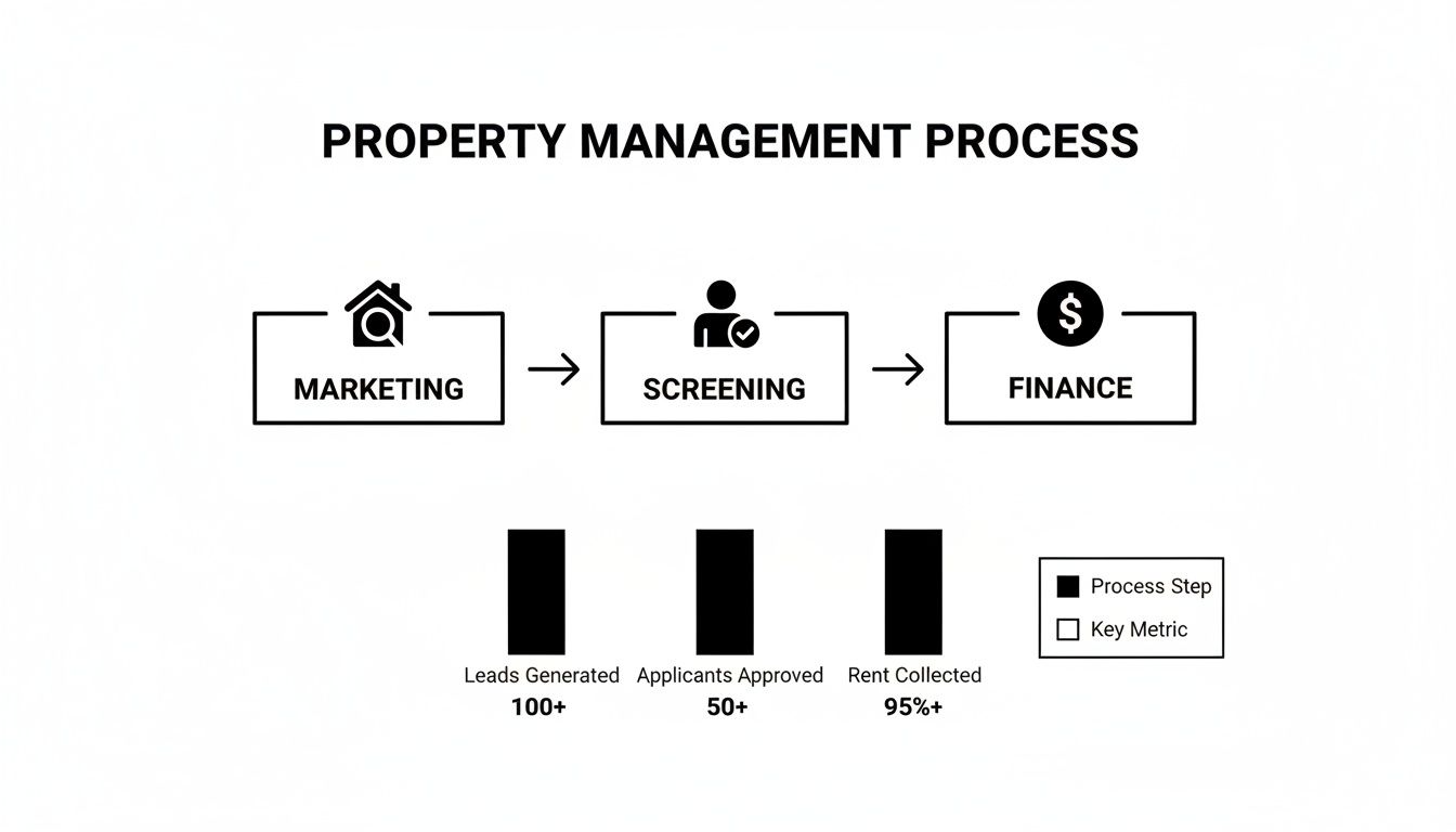 Property management process flowchart showing marketing, screening, finance steps with key performance metrics.