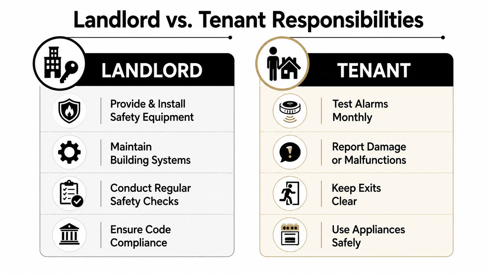 A comparison chart outlining fire safety and maintenance responsibilities for both landlords and tenants in rental properties.