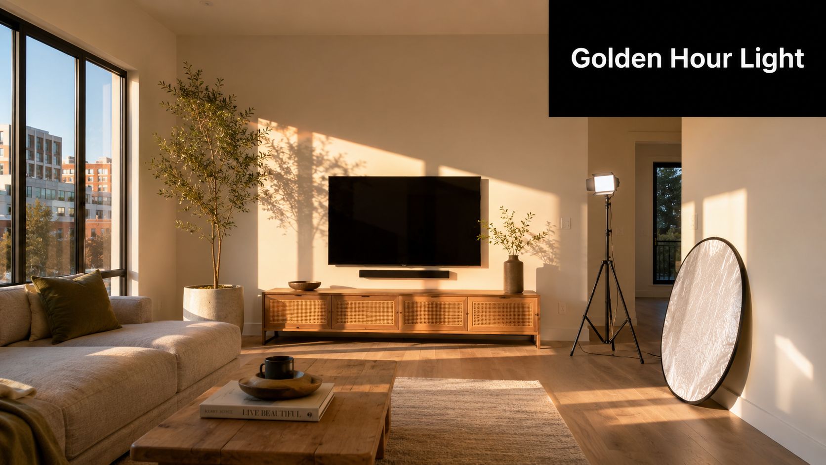 A modern living room bathed in warm golden hour sunlight with professional lighting equipment setup for a photoshoot.