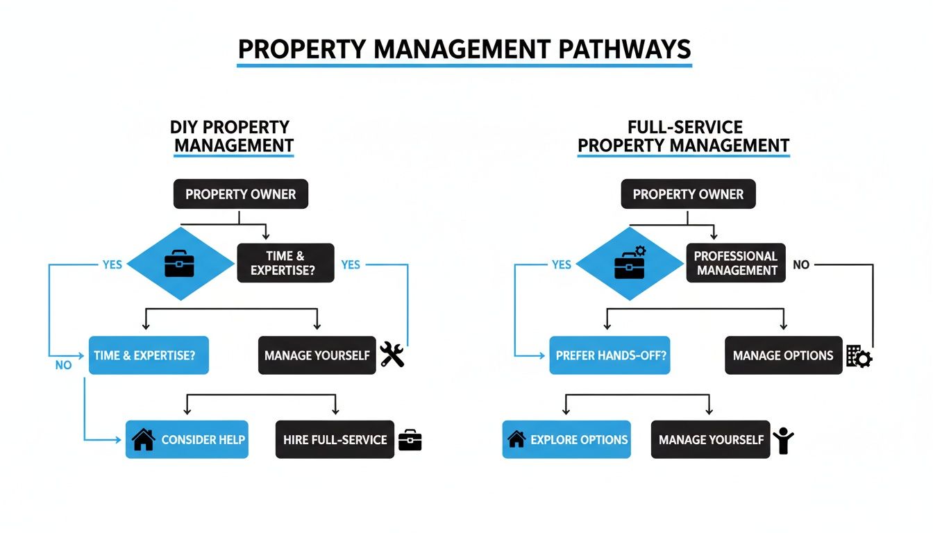 This flowchart illustrates property management pathways, guiding owners through DIY or full-service options based on their needs.