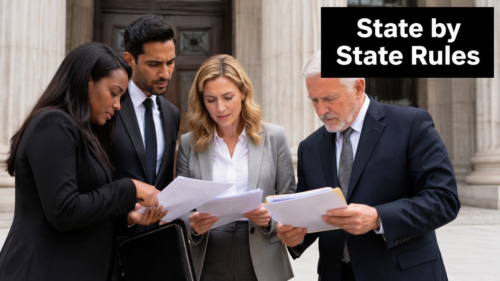 A team of four professional lawyers reviewing legal documents together in front of a courthouse building.