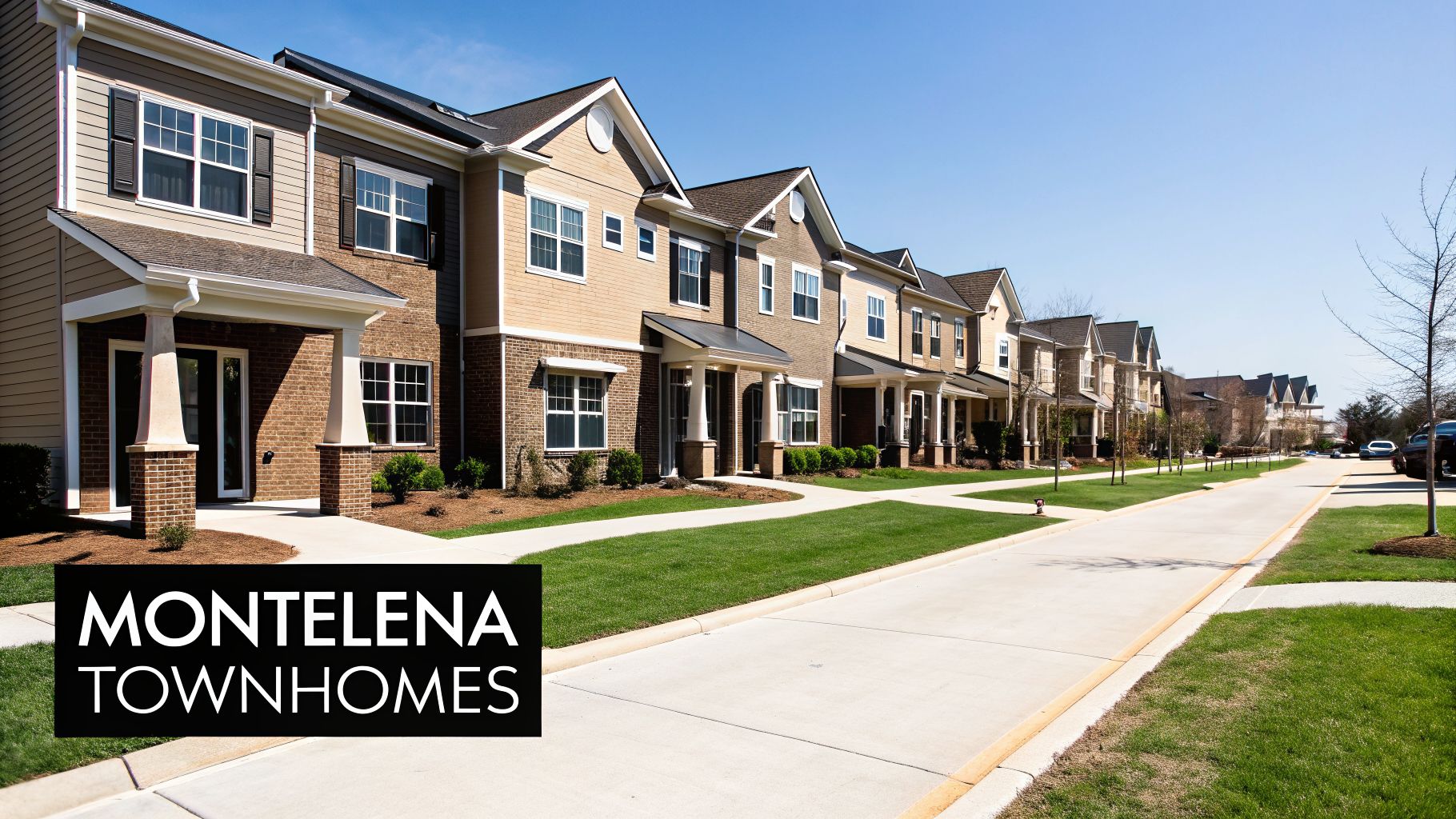 A sunny view of modern Montelena townhomes with brick and siding facades along a residential street.