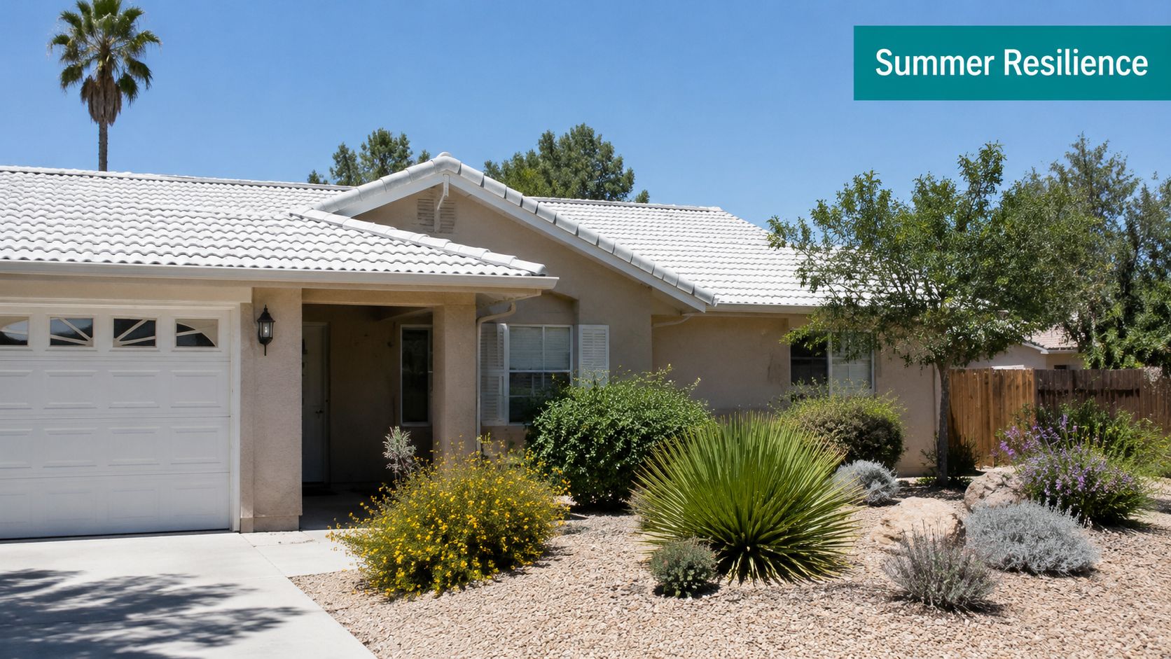 A single-story suburban home with a white tile roof surrounded by water-wise desert landscaping and plants.