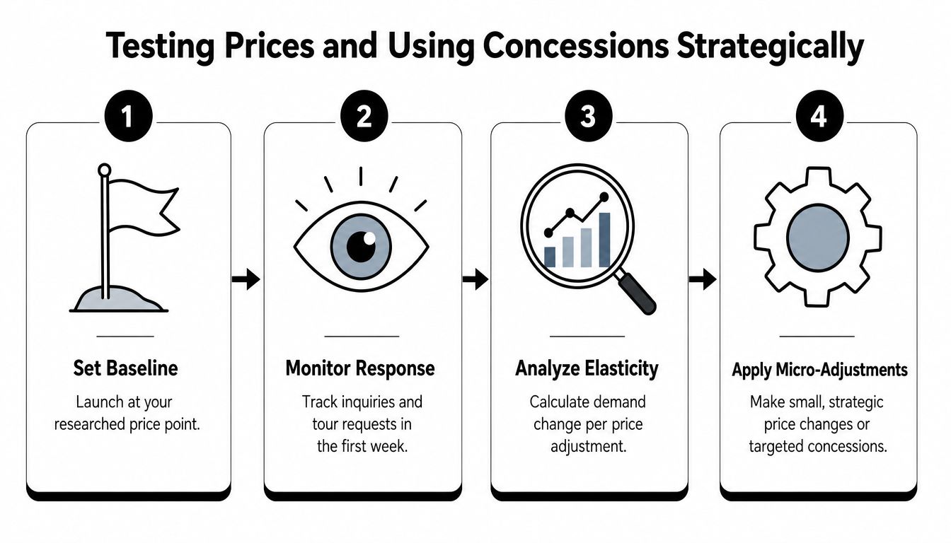 A four-step infographic illustrating a strategic process for testing rental prices and using market concessions.