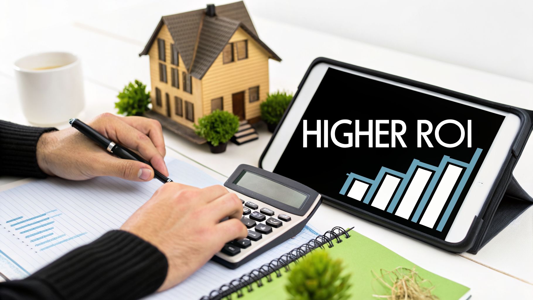 Hands calculating finances near a model house and a tablet displaying "HIGHER ROI" with a rising bar chart.