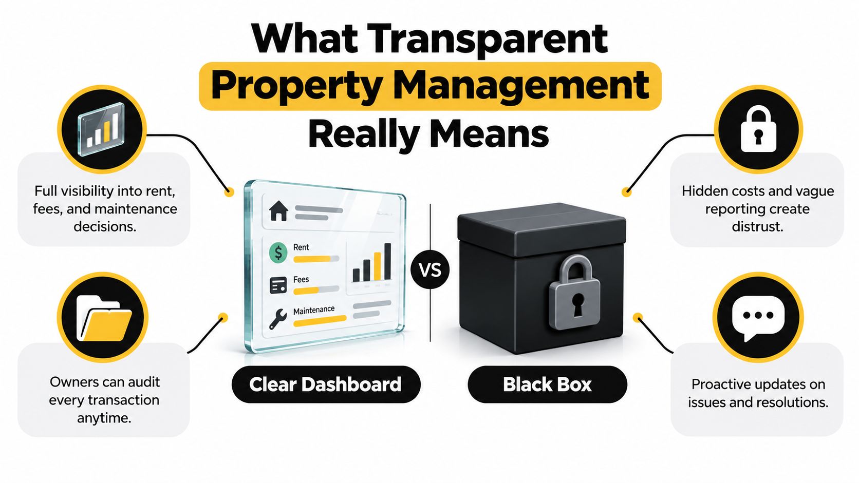 An infographic comparing a transparent property management dashboard to an opaque black box management style.