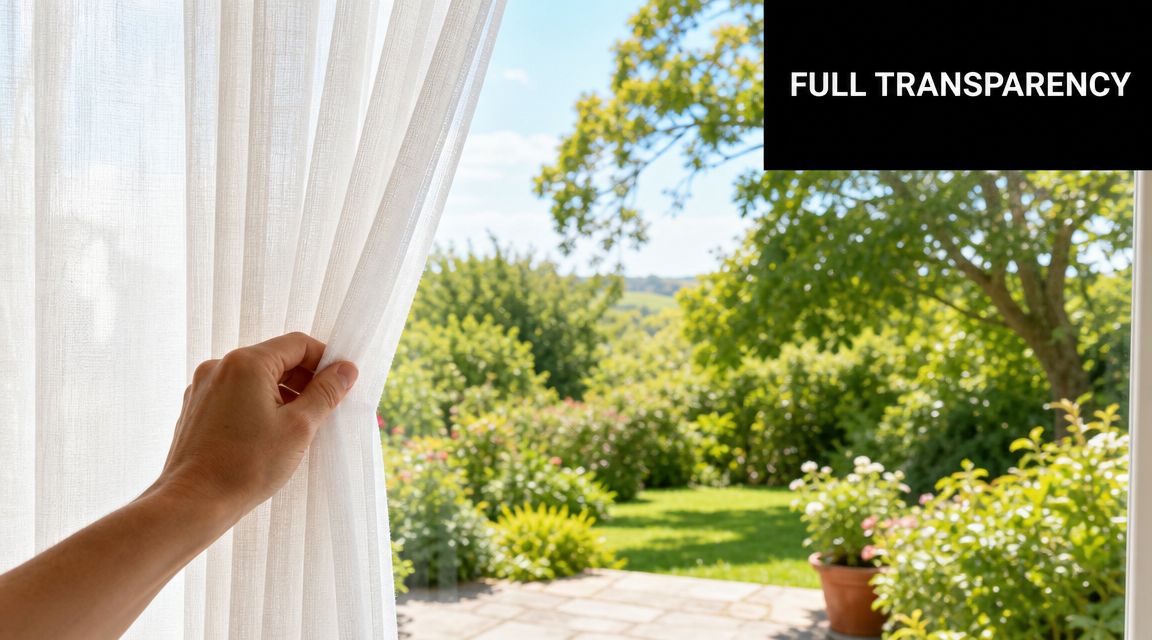 A person holding a transparent white curtain showing a view of a lush green garden outside.