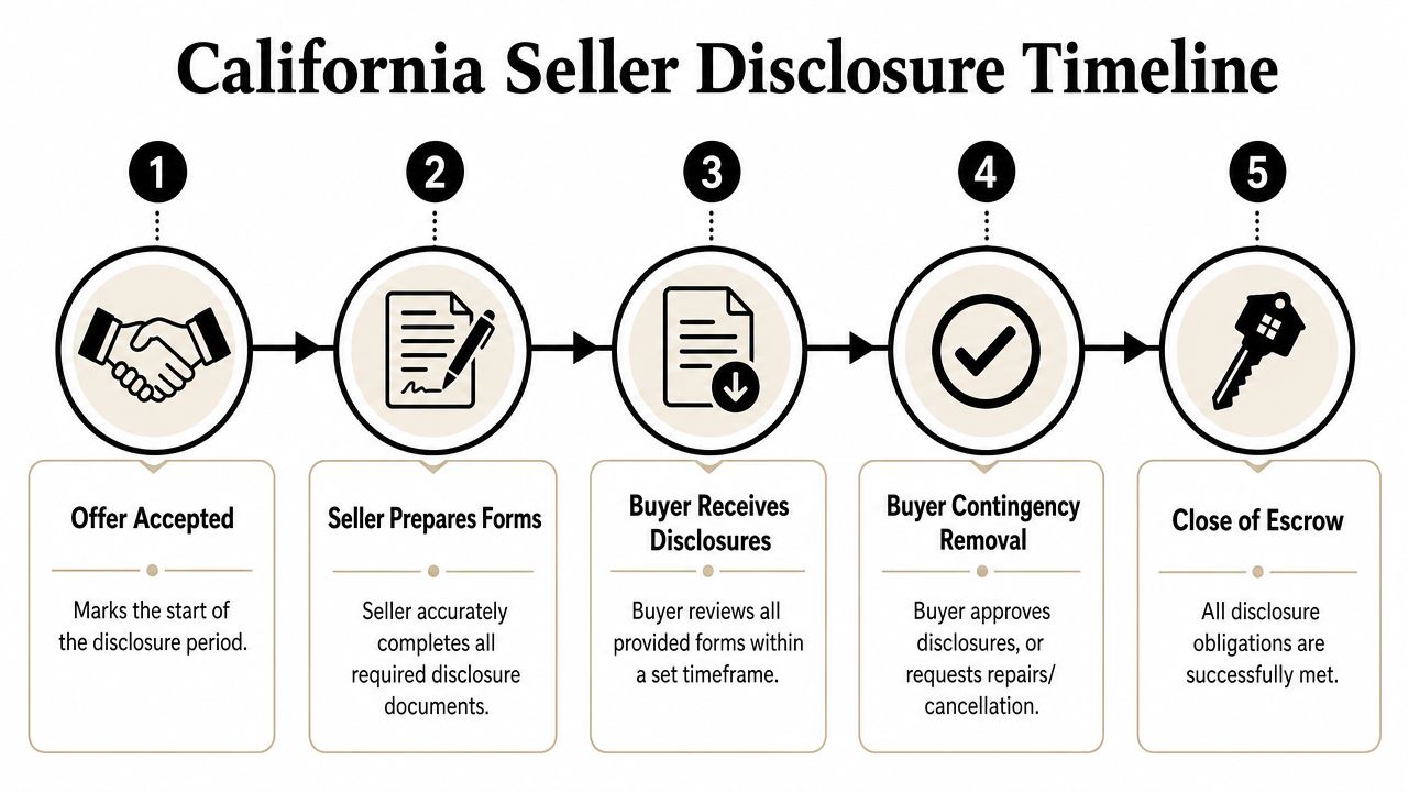 A five-step California seller disclosure timeline graphic showing the process from offer acceptance to closing escrow.