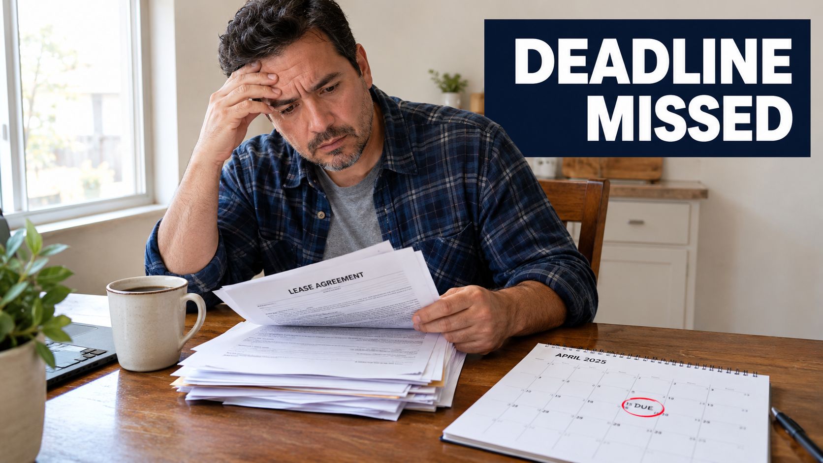 A stressed man reviews a lease agreement at a desk with a calendar marking a missed deadline.
