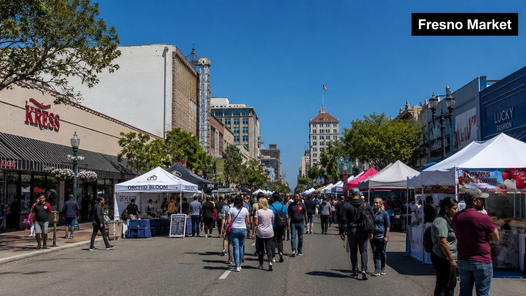 Pedestrians walking through a bustling outdoor street market with vendor tents and historic buildings in downtown Fresno.