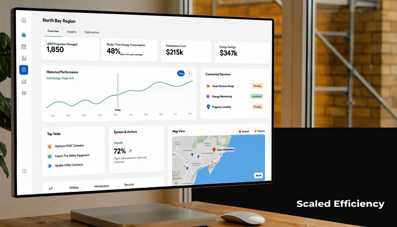 A computer monitor displaying a digital property management dashboard for the North Bay region on a wooden desk.