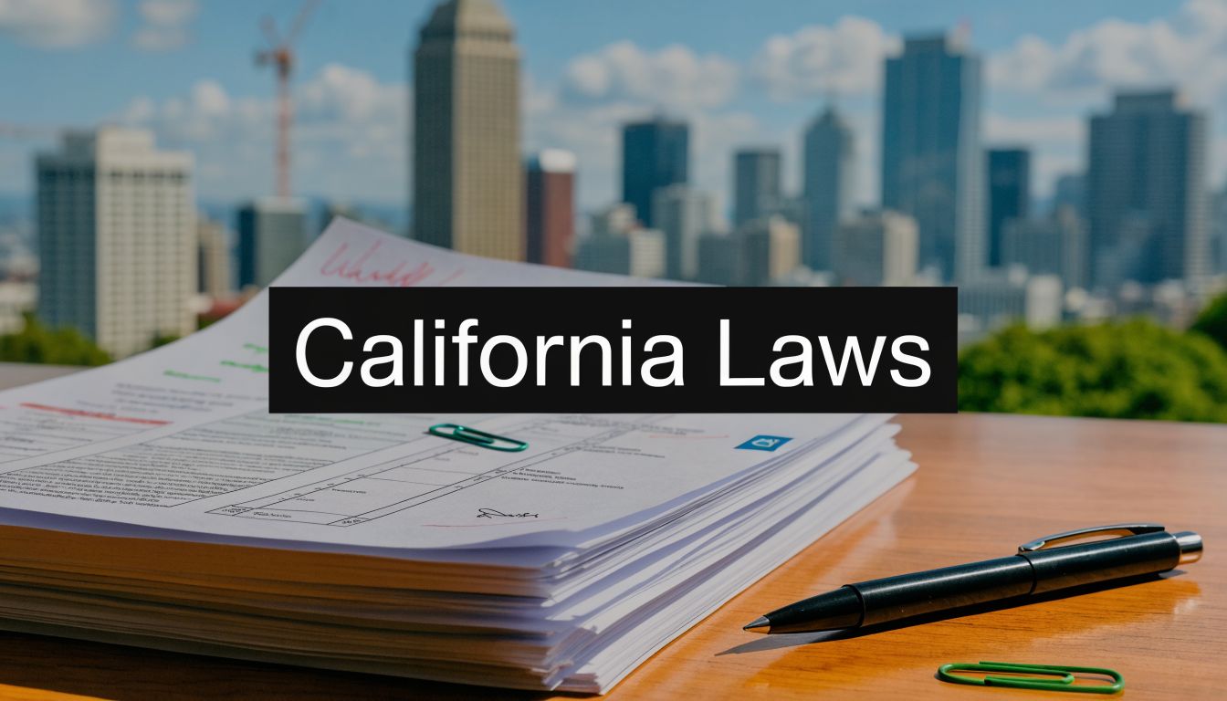 A stack of legal documents sits on a wooden desk with a pen and city skyline background.