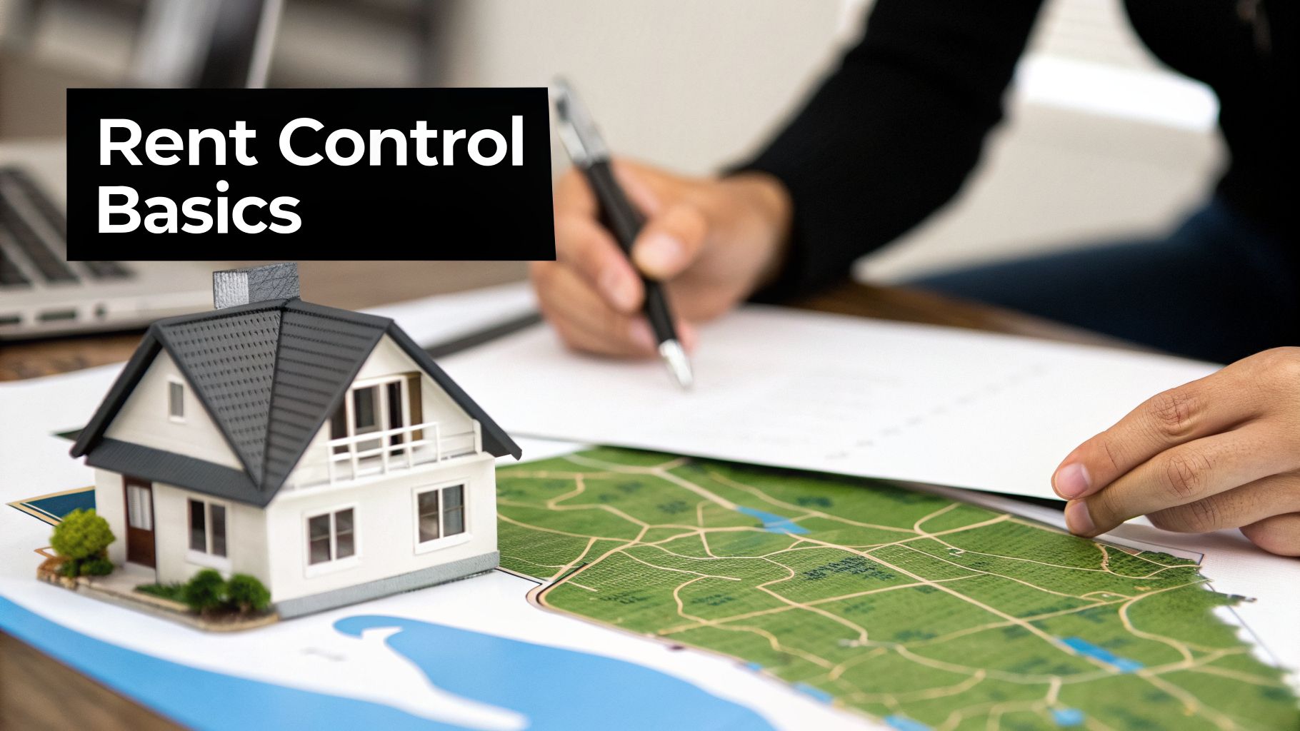 Hands work on real estate documents next to a model house and map, with 'Rent Control Basics' text.