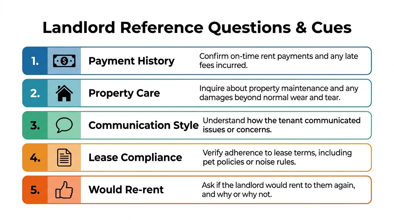A list of five essential questions and cues for conducting a tenant landlord reference check process.