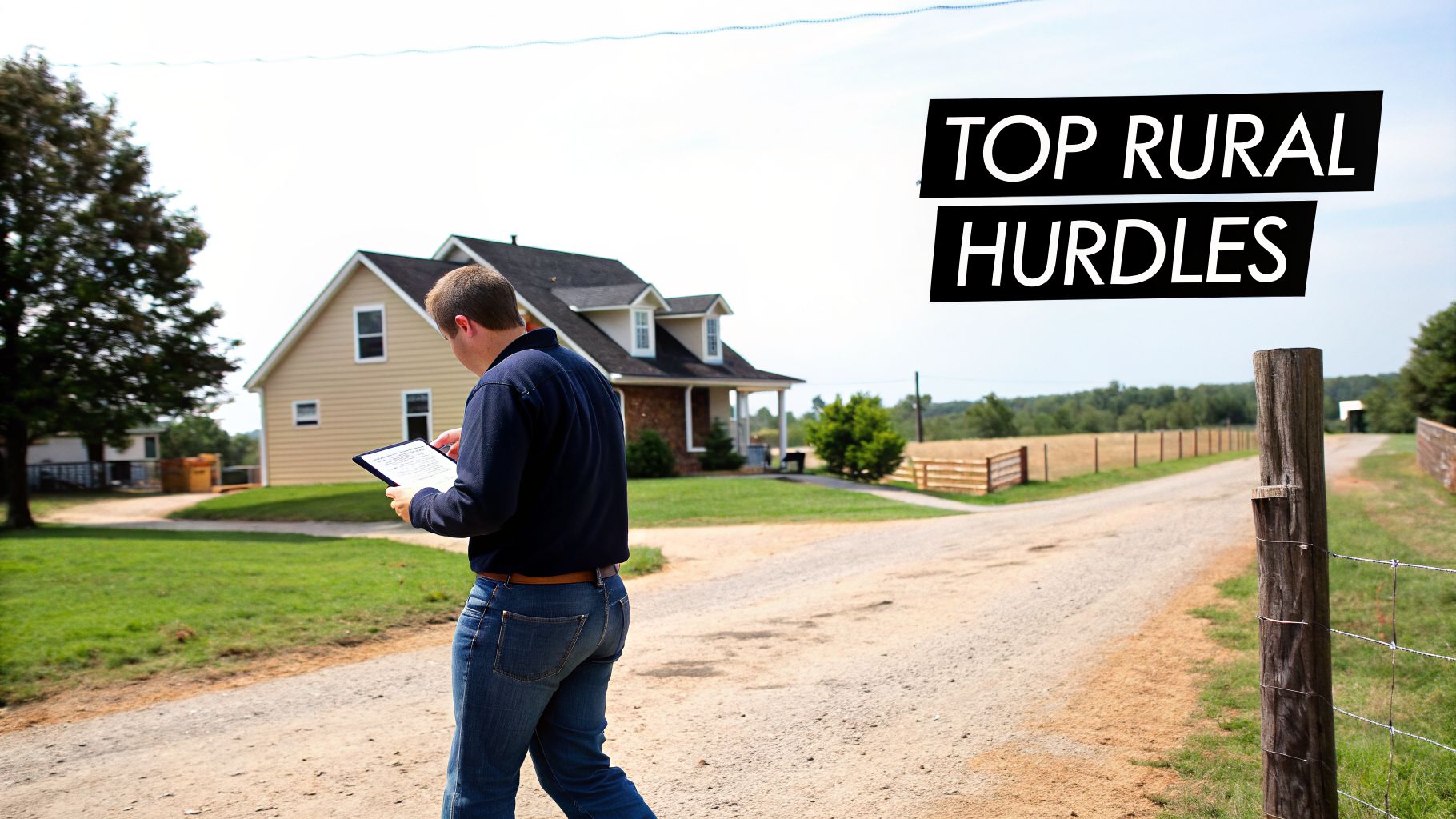 A man walks on a dirt road in a rural setting, looking at a tablet near a house.
