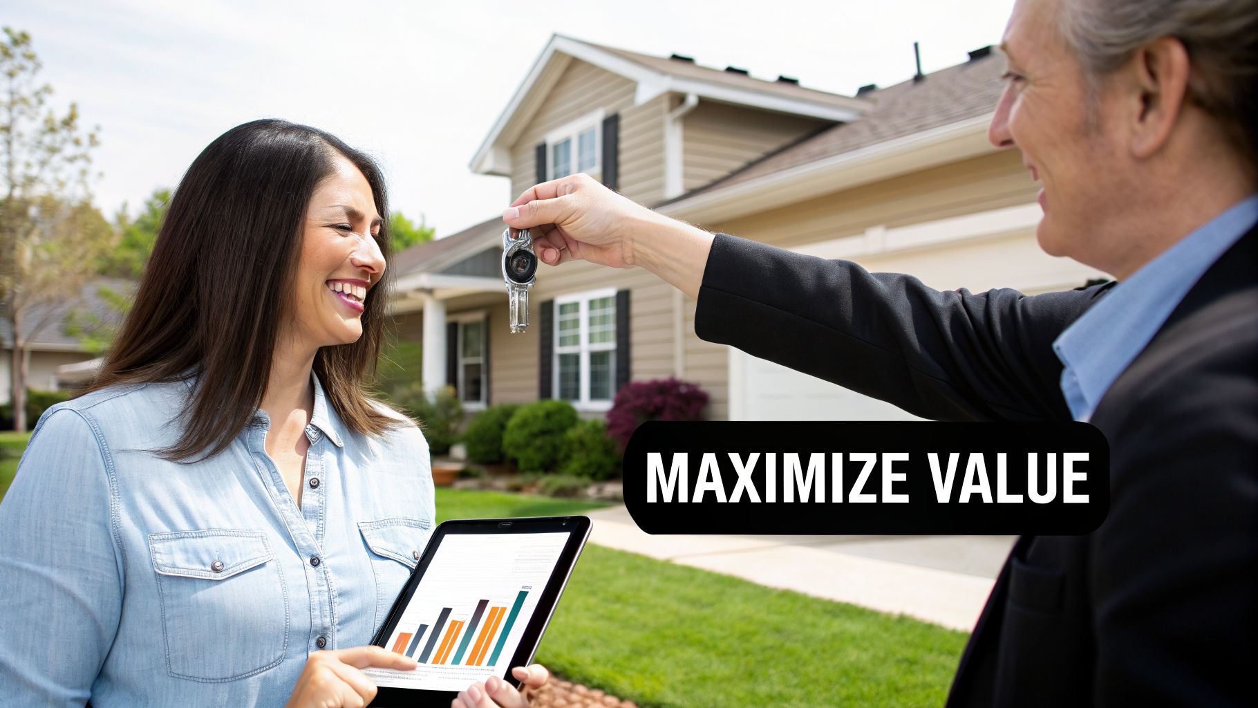A happy woman receiving house keys from a real estate agent while reviewing charts on a tablet, with a house in the background.