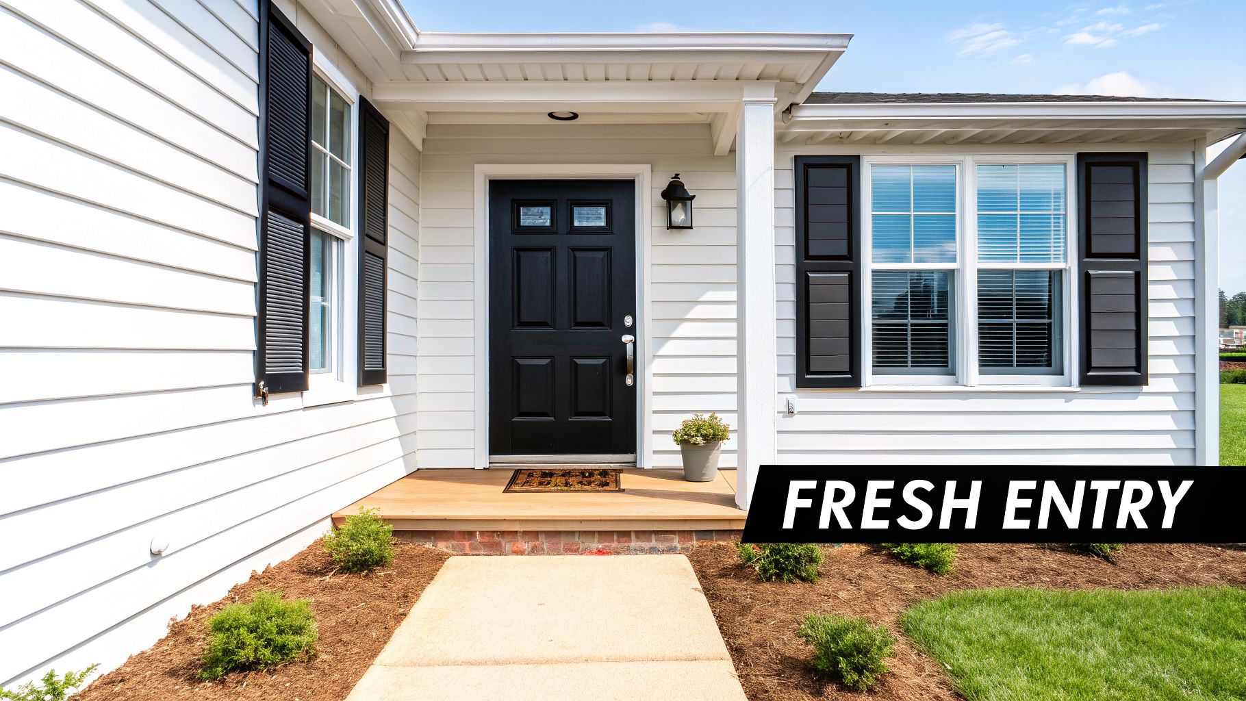 A welcoming front entry of a white house with black door and shutters, surrounded by fresh landscaping.