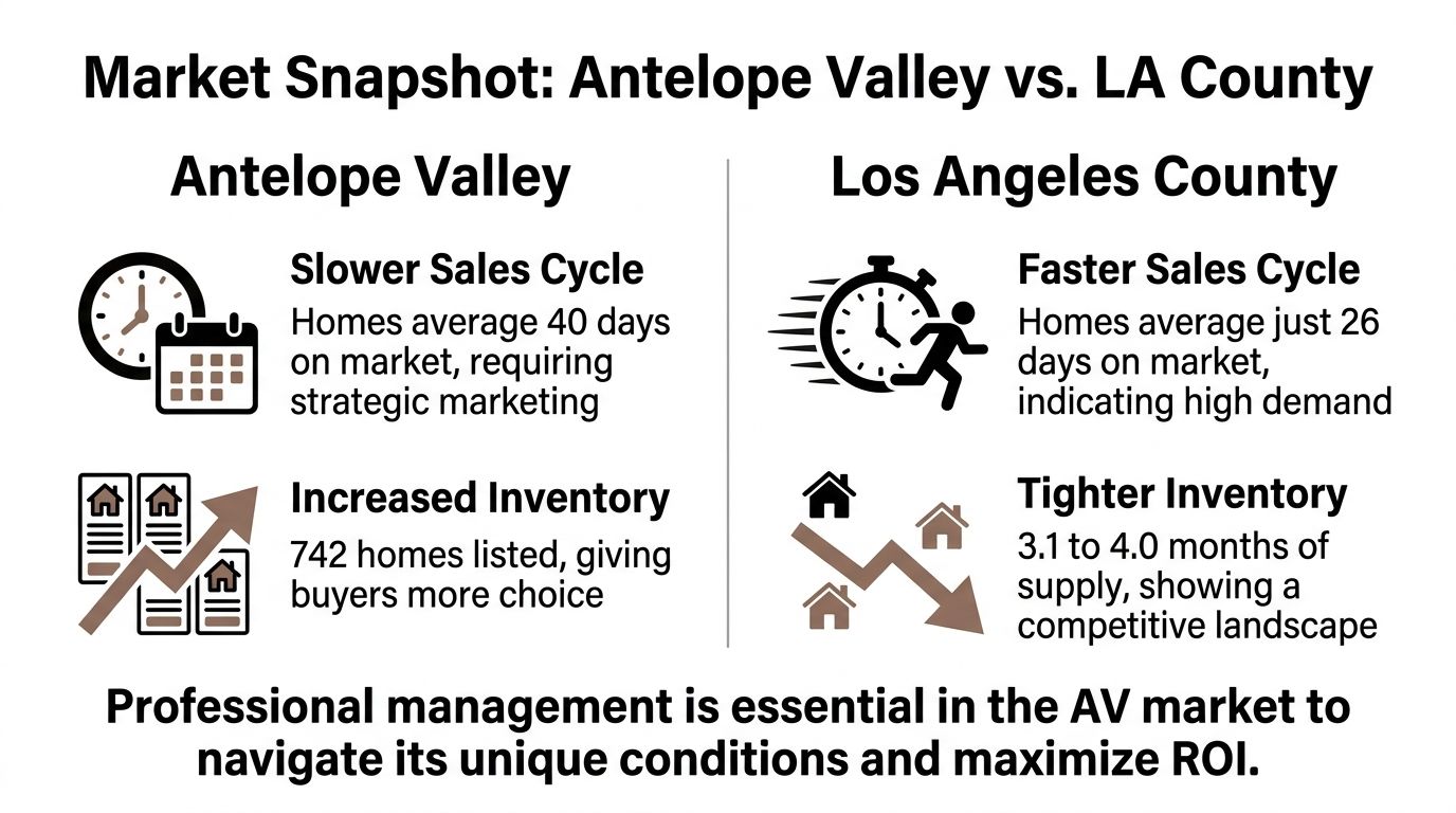 A comparison infographic showing real estate market differences between Antelope Valley and Los Angeles County.