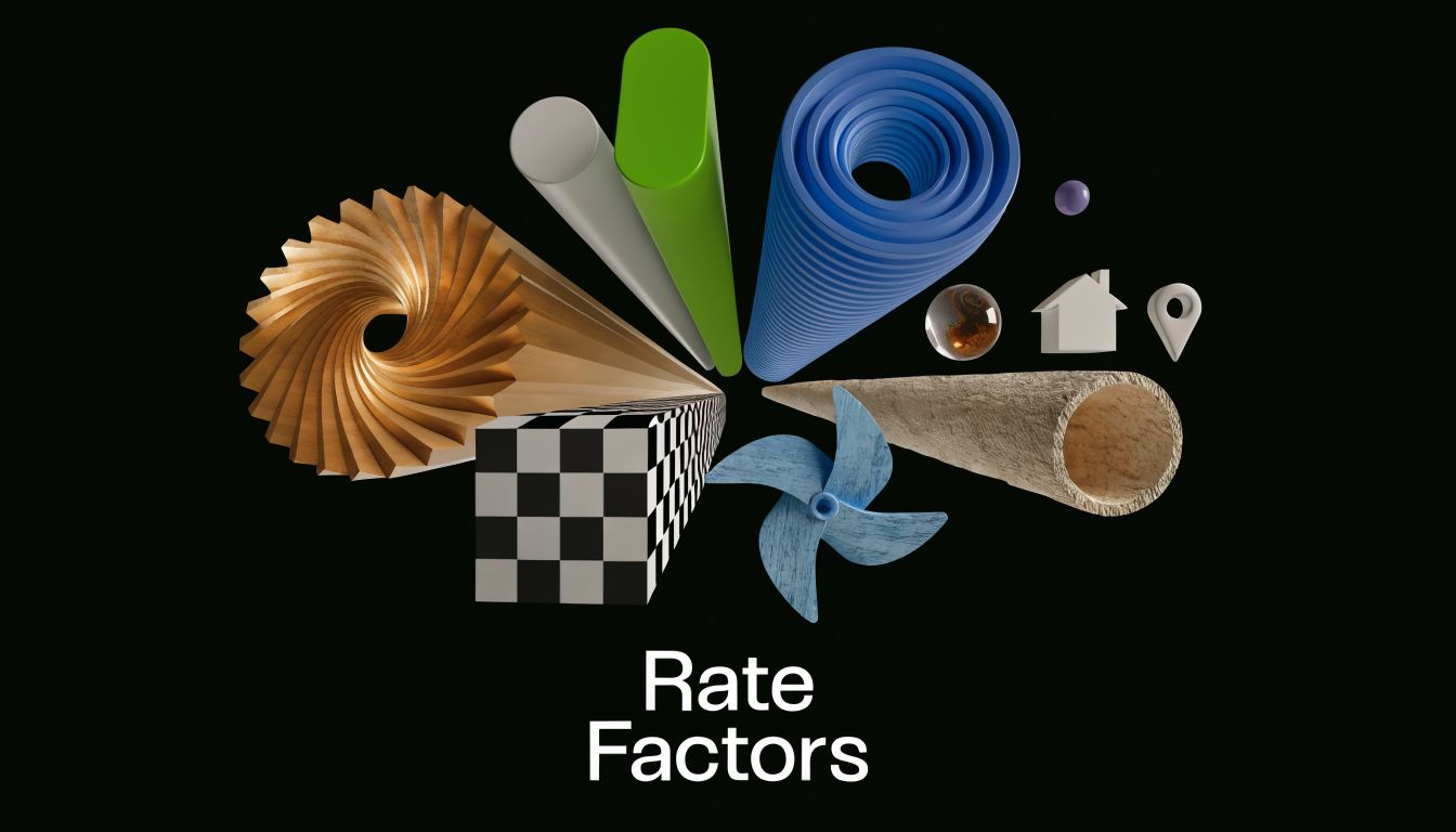 A 3D abstract composition of various colorful geometric shapes floating around the text Rate Factors.