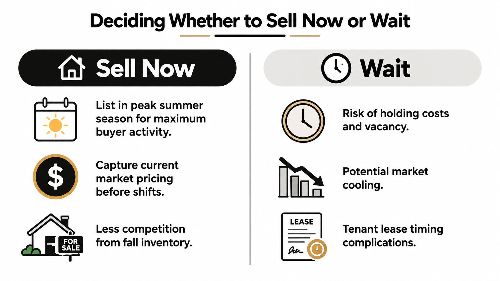 A comparison chart outlining the pros and cons of deciding whether to sell property now or wait.
